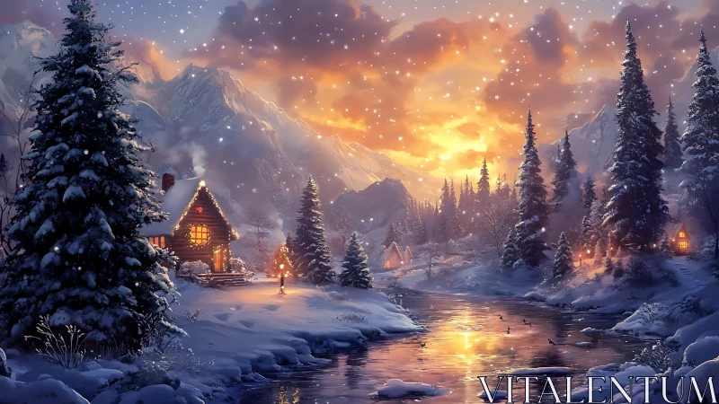 Snowy mountain cabin glows beside reflective winter river