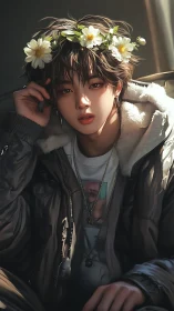 Softly lit youth portrait with floral crown and layered streetwear