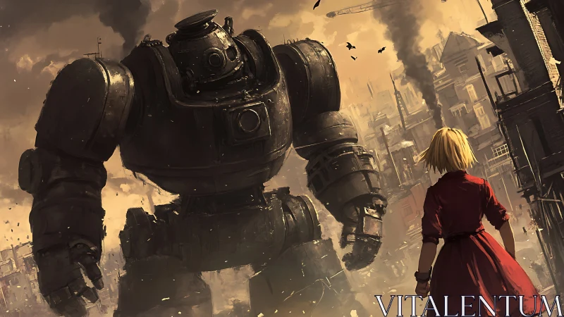 Industrial robot confronts lone figure in ruined cityscape