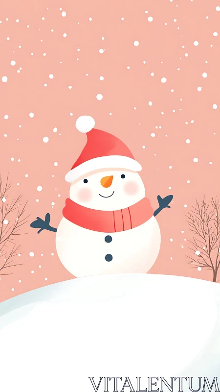 Cute snowman in red hat on snowy hill background.