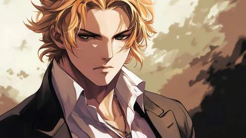 Blond anime man in suit rendered with high-contrast cel shading