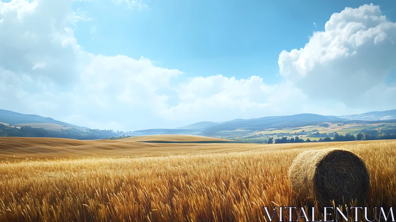 Golden wheat fields roll beneath wide blue summer skies.