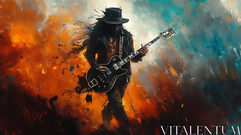 Guitarist in hat within abstract orange and teal field.