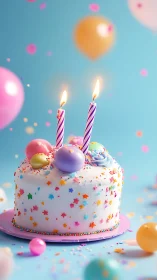 Celebration Cake with Spiral Candles and Colorful Balloon Backdrop.