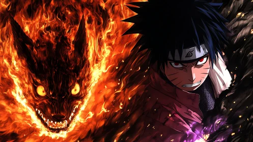 Fiery ninja warrior with demonic fox spirit aura clash.