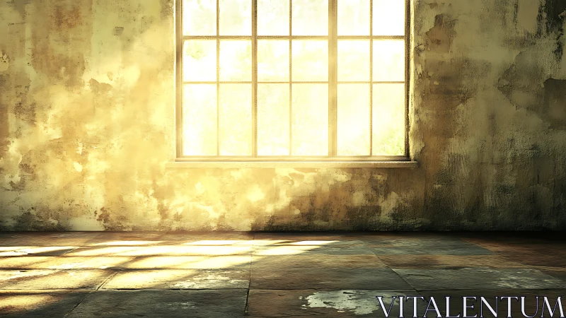 Sunlit industrial window in distressed interior space study.