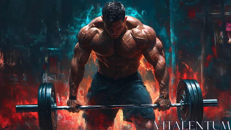 Muscular man lifting barbell in fiery digital artwork.