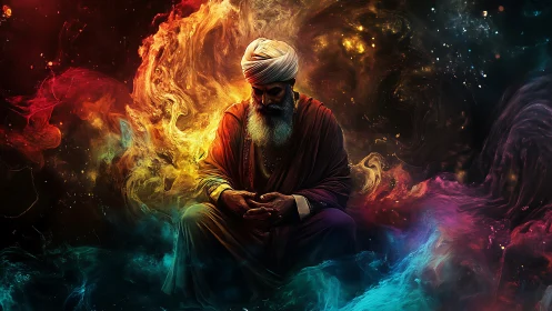 Serene mystic resting in a swirling ocean of cosmic color.