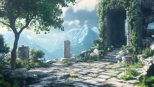 Sunlit mountain ruins framed by lush, overgrown greenery.
