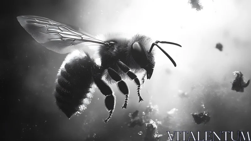 Luminous bee in midair, dancing through drifting stardust.