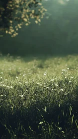 Sunlit grass field with white wildflowers in soft focus.