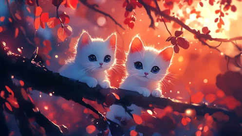 Two White Kittens on Branch Amid Glowing Autumn Leaves