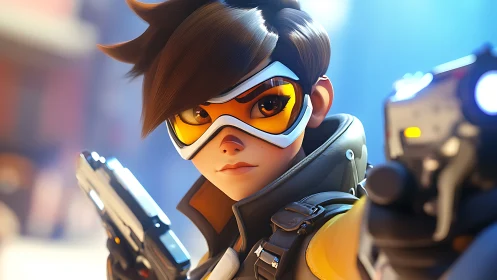 Stylized sci fi hero with dual pistols in close focus.