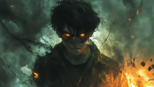 Burning-eyed figure emerges from swirling smoke and fire