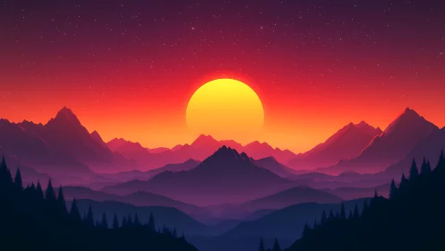 Neon sunset over layered mountains and dark forest silhouettes.