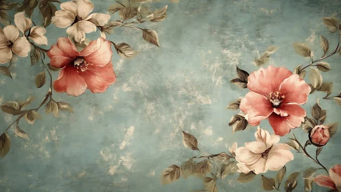 Vintage floral illustration on textured teal background surface