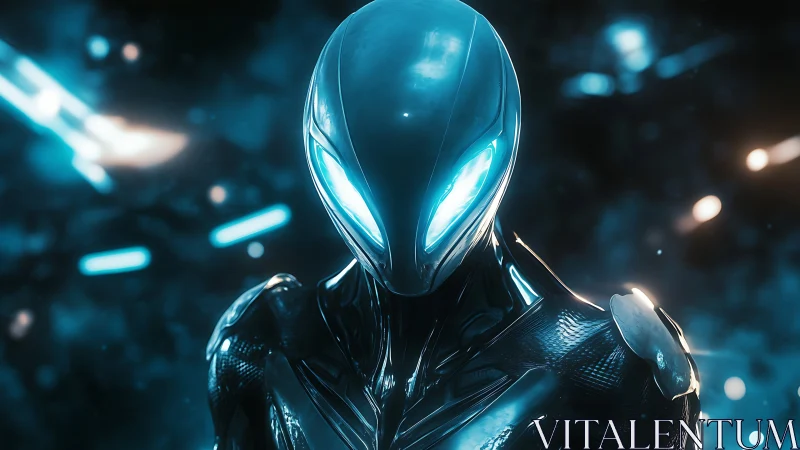 Futuristic alien android with glowing blue visor eyes.