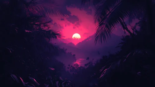 Neon jungle valley sunset with glowing magenta sky.