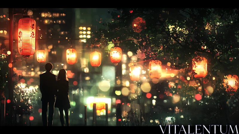 Silhouetted couple under lantern-lit urban night garden.