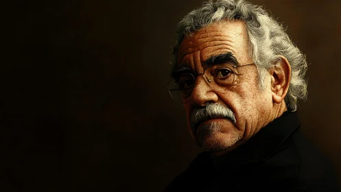 Portrait of older man with glasses on dark background.