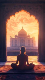 Sunlit yogi in silhouette before domed marble monument.