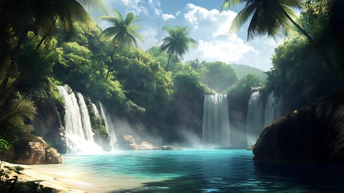 Tropical Waterfall Paradise with Turquoise Pool