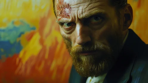 Intense bearded painter before blazing abstract canvas background