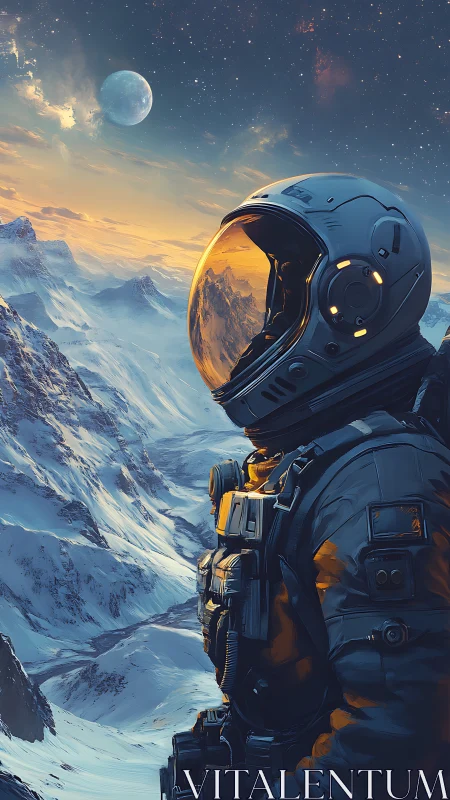 Digital painting of astronaut over icy alien mountain valley.