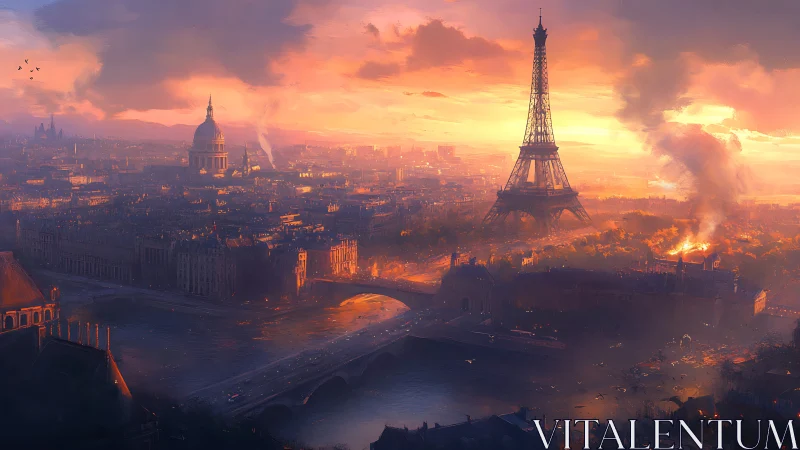 Ember-soaked Paris skyline under a storm of fading light.