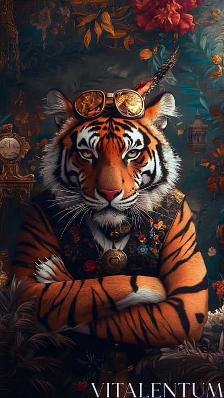 Regal steampunk tiger poses amid ornate floral splendor.