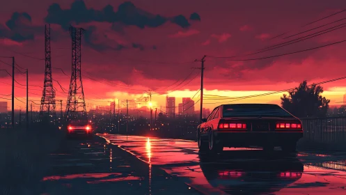 Crimson city sunset drive along rain-soaked streets.