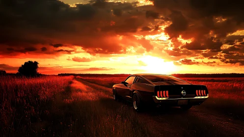 Black classic coupe on rural dirt road under orange sunset.