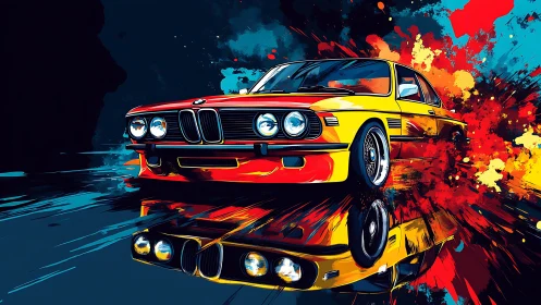 Classic BMW coupe bursts through neon paint explosion.