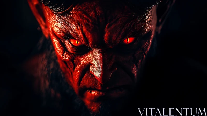 Infernal demon portrait with glowing red reptilian eyes.