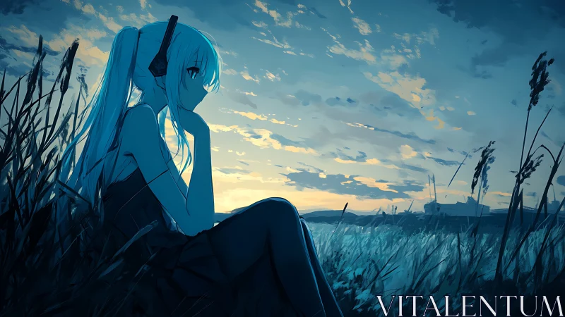 Anime dusk field portrait with contemplative seated figure.