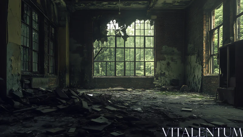 Sunlit greenery softly reclaiming a quiet abandoned room