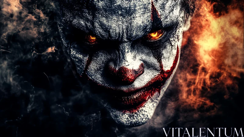Clown makeup face emerges from high-contrast smoky background