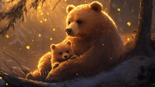 Mother bear cradles her cub in a golden twilight forest