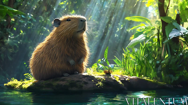 Capybara rests on sunlit jungle rock above reflective water