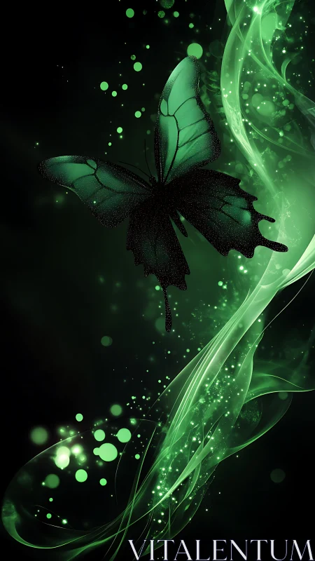 Emerald butterfly silhouette over luminous green energy stream.