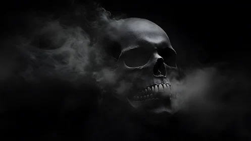 Human skull floats in dark void with drifting smoke