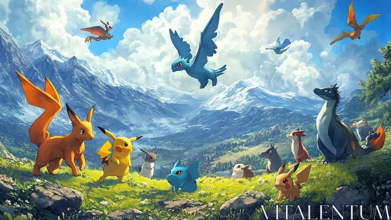 Pokemon creatures gather on alpine meadow under bright sky