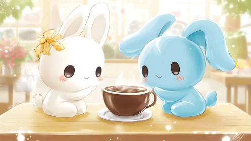 Two cartoon bunnies sit at a table sharing a hot drink