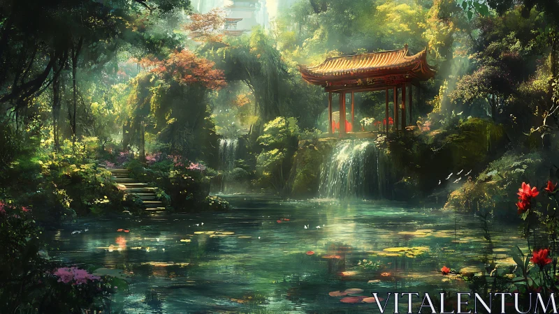 Sunlit pavilion beside a tranquil waterfall garden pond.