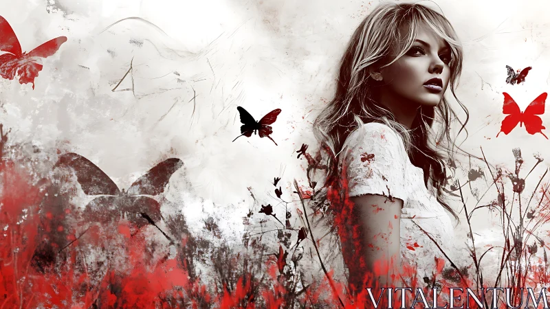 Pensive woman stands amid red butterflies in a dreamlike haze