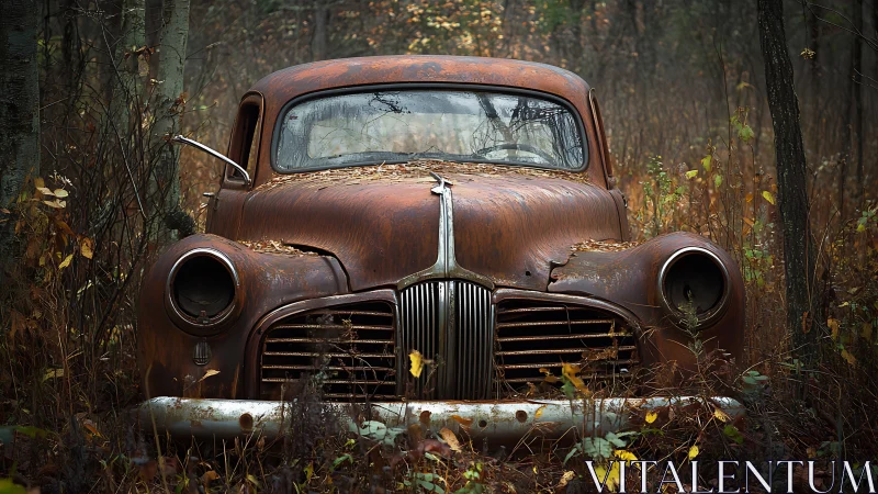 Rusting classic car sits abandoned in dense autumn forest
