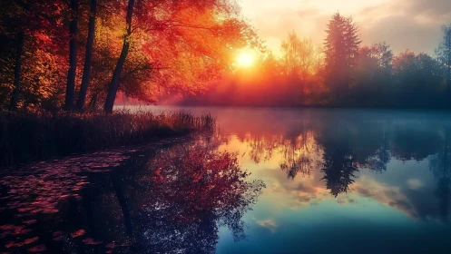 Autumn forest lake with sunrise reflection and misty horizon.