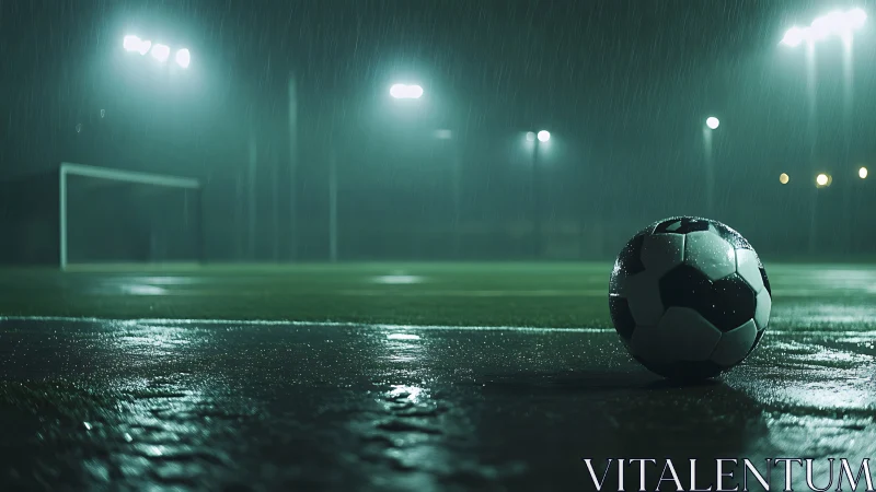 Photorealistic night pitch with rain-soaked soccer ball focal point.