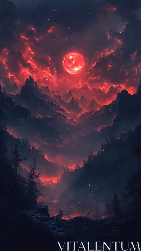 Crimson moonrise over a haunted valley of burning mist.