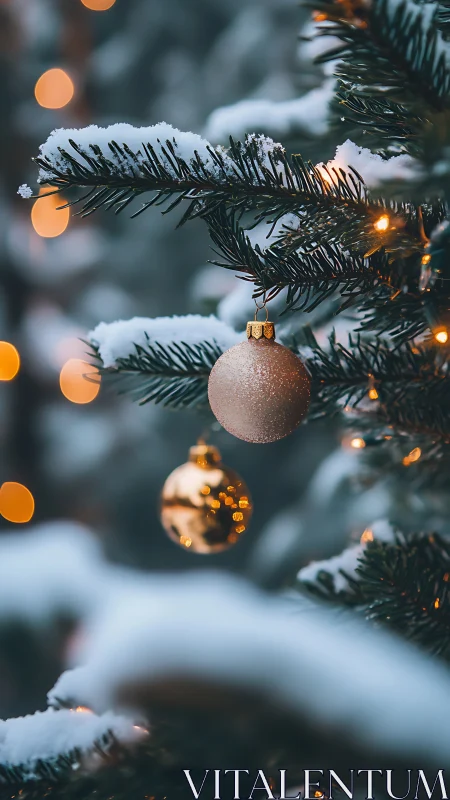 Snowy evergreen lights with soft golden holiday baubles.